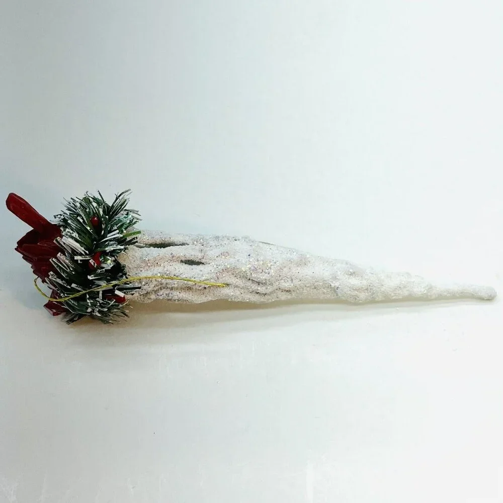 Vintage Christmas Ornament Cardinal In Pine Nest On White Glittered Icicle 6